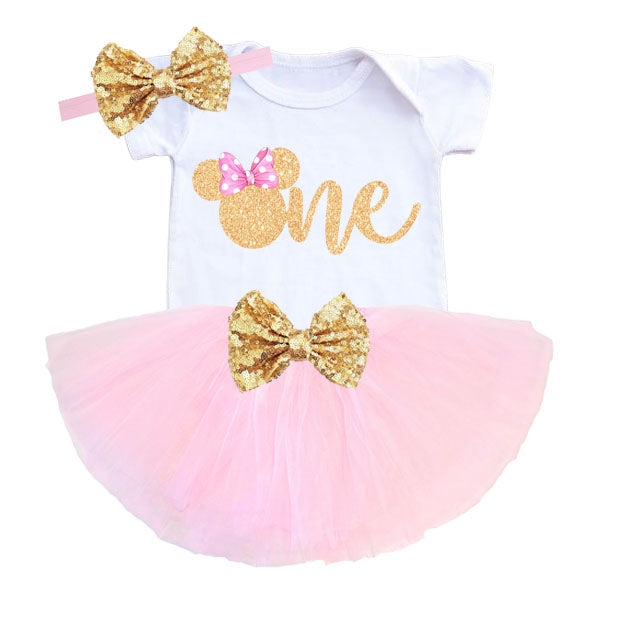 Minnie Pink Gold Girls First Birthday Tutu Set